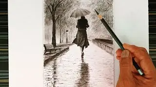 Pencil drawing of a girl with an umbrella after the rain.