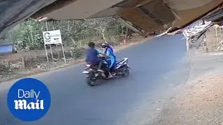 Horrifying moment a speeding motorbike crashes into scooter