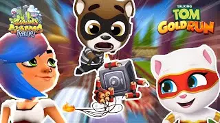 FUN! LUCK and SUPER ANGELA RACE to CATCH the RACCOON - TALKING TOM GOLD RUN VS SUBWAY SURFERS