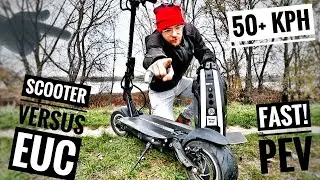 Fast PEV Battle !!! Scooter vs Electric Unicycle - MiniMotors Dualtron Thunder vs GotWay Nikola