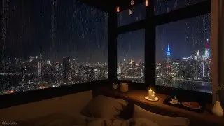 Cozy Bedroom With A Night View Of New York In Heavy Rain | Rain Sounds, Rain On Window