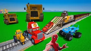 CARS SPIDER MAN 2 McQueen in trouble with Train   Monster Truck The King Mater Mack COLOSSUS Tractor