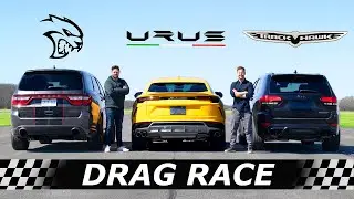 Dodge Durango Hellcat vs Lamborghini Urus vs Jeep Trackhawk // DRAG & ROLL RACE