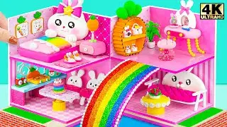 How To Make Pink Bunny House with Cutest Bedroom, Kitchen, Rainbow Slide Pool ❤️ DIY Miniature House