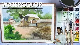 Beautiful Watercolor Indian Village Landscape Painting step by step | Supriyo