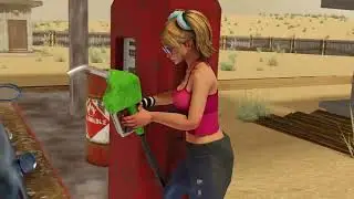 Girl at gas station is playing with her car
