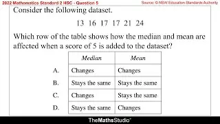 2022 Maths Standard 2 HSC Q5 What happens to a dataset's mean & median when adding another score?