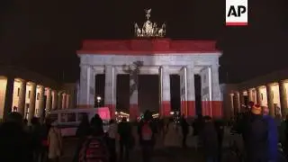 Brandenburg Gate lit up with Berlin flag