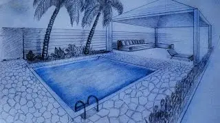 How to draw - two point perspective - villa, garden with pool