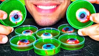 ASMR GUMMY EYEBALLS PETRI DISH GREEN APPLE EATING JERRY CHEWY HALLOWEEN CANDY